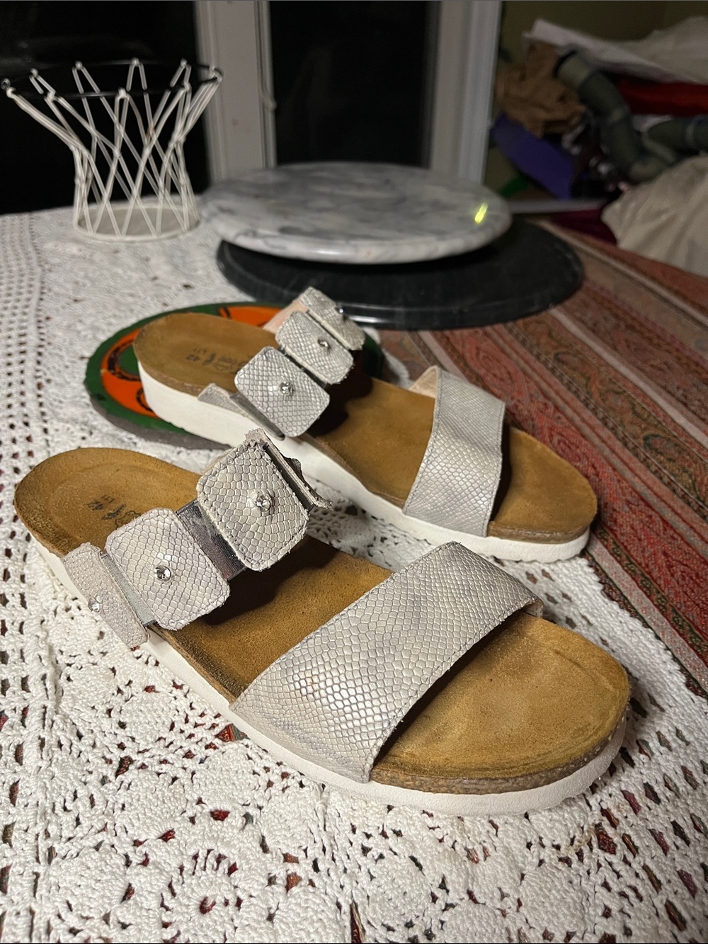NAOT White reptile skin Textured leather cork metallic Slide Sandals 42